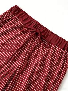 GlowEve CURVE Plus Size Knit Solid Color Cardigan With Front Button Closure, Striped Slim Fit Camisole Decor, Drawstring Detail, Elegant Casual Commute Daily Outing Long Pants - Burgundy - View 8