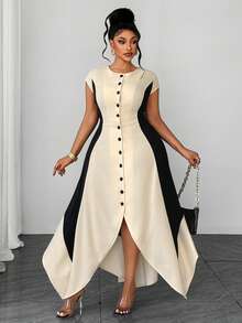 Maweii Spring Summer Autumn Casual Vacation Minimalist Elegant Sophisticated Elegant Fashion Niche Design New Must-Have Daily Essential Daily Outfit Commute Business Black Apricot Waist-Defining Slimming Office High-End Asymmetrical Handkerchief Hem Plus Size Women's Dress - Multicolor - View 4