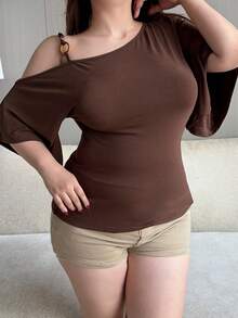 Dazy Plus Solid Color Slim Fit Open Shoulder Design Bell Sleeve Half Sleeve Elegant Brown Plus Size Women Spring Summer Autumn T-Shirt - Brown - View 7