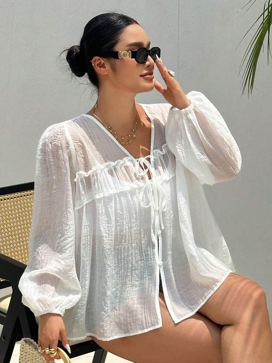 Dazy Plus Textured Fabric V-Neck Tie Front Cover Up Lantern Sleeve Long Sleeve White Semi-Sheer Spring/Summer Plus Size Women's White Shirt - White - View 1