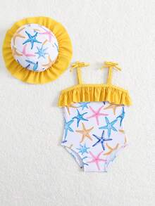 SHEIN Baju Renang Terusan Bayi Perempuan Baru Lahir dengan Tali Bahu Tipis dan Hiasan Pita, Plus Topi, Motif Pantai yang Lucu - Kuning - View 6