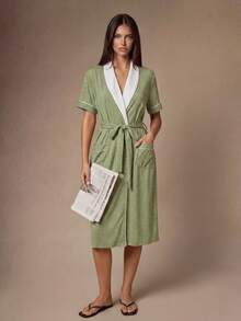 Lazeform Women's Casual Colorblock Lapel Short Sleeve Loungewear Robe With Belt - Green - View 1