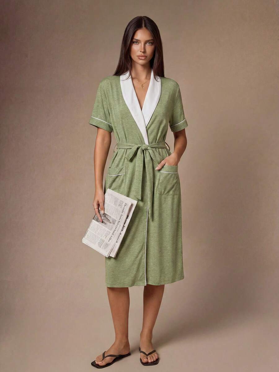 Lazeform Women's Casual Colorblock Lapel Short Sleeve Loungewear Robe With Belt - Green - View 1