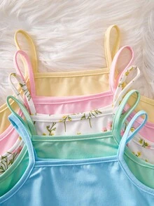 5pcs/Set Girls' Camisole Tank Tops, Rich Colors, Versatile, 4 Soft Macaron Colors - Light Yellow, Light Pink, Sky Blue, Mint Green, With Fresh Ditsy Floral Style In The Middle, Refreshing And Eye-Catching For Single Wear, Also Great For Layering, Suitable For Daily School, Outings, Etc., Practical And Versatile, Essential All-Match For Spring/Summer Wardrobe - Multicolor - View 3