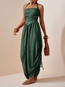 Zivah Jumpsuit Wanita Warna Polos untuk Liburan, Model Liburan, dengan Lipit di Bagian Bawah, Tali Serut, dan Leher Halter. - Hijau Tentara - View 13