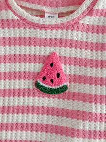 SHEIN Vintaside Kids 2件組女嬰幼童0-3歲春夏休閒日常度假套裝，粉杏色多彩條紋紋理圓領荷葉袖T恤與短褲，可愛島嶼海灘度假風 - 粉色 - 查看 8