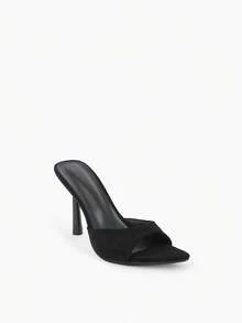 Glitzique Women's High Heel Sandals With Red Bow Mesh Decoration, Pyramid-Shaped Pointed Toe High Heel Mule Slippers, Elegant Party Heels - Black - View 4