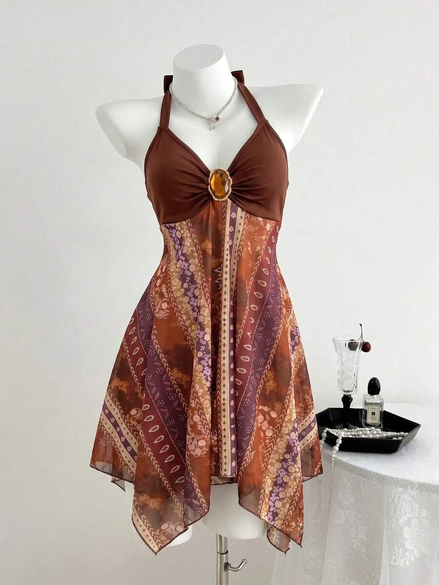 Elamini 女士全身印花金属装饰吊带迷你连衣裙 - 彩色 - 查看 1
