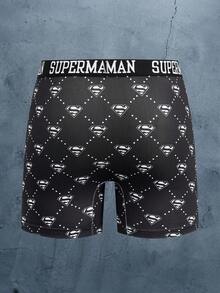 SUPERMAN X SHEIN سراويل بوكسر قصيرة مطبوعة بتصميم عصري للرجال - الأسود - مشاهدة 2