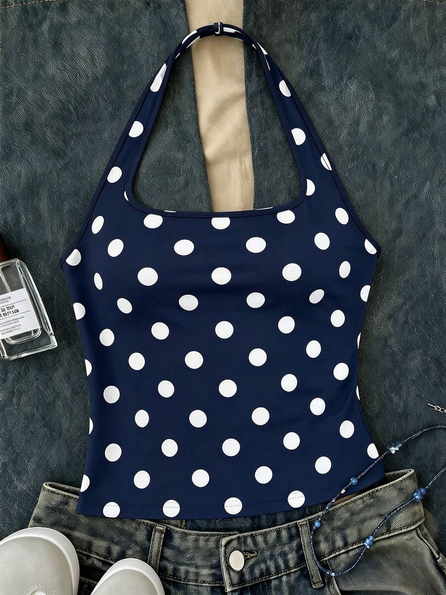 Tween Girls Navy Blue Long Casual Halter Top, Slim Fit Tank Top Suitable For Summer - White - View 1