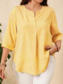 Rusticease Plus Size Women's Striped Casual Versatile Everyday Outing Shirt - Mustard Yellow - View 4