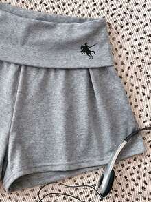 SHEIN Tween Girl Knit Equestrian Print Waist Fold Casual Shorts - Grey - View 3