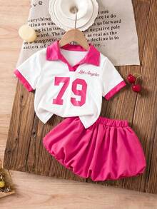 SHEIN Baby Girl Two Pieces Sets White Pink Polo Shirt And Pleated Skirt Summer Casual Sporty - Hot Pink - View 4