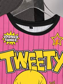 LOONEY TUNES X SHEIN Damen Gestreiftes und Cartoon Muster T-Shirt mit Rundhalsausschnitt und Kurzarm - Weiss - View 5