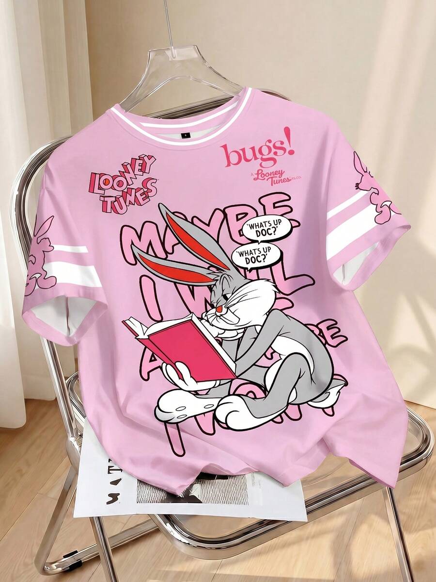 LOONEY TUNES X SHEIN 女式字母与卡通图案圆领短袖T恤 - 白色 - 查看 1