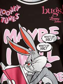 LOONEY TUNES X SHEIN Plus Size Summer Casual Letter & Rabbit Print Round Neck Short Sleeve T-Shirt - White - View 6