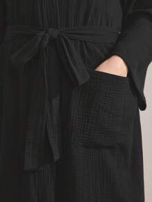 Ocili Leisure Soft Cotton Mesh Double-Layer Robe, Comfortable Sleepwear, Plus Size - Black - View 8