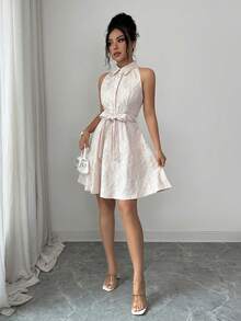 Vestido corto sin mangas con estampado floral y cinturón, adecuado para vacaciones de verano OPML - Multicolor 4 - Ver 6