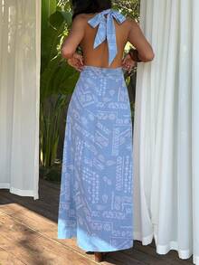 Sunnyshic Robe longue ajustée et amincissante pour femmes, motif cachemire rouge, dos nu, col en V profond, col licou, taille nouée, style vintage européen & américain pour plage et vacances - Bleu ciel - Voir 2