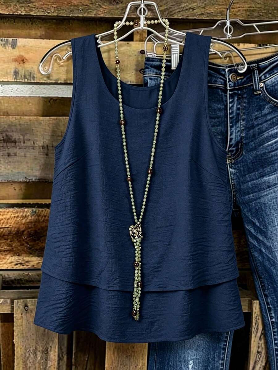 Linhara Spring Summer Autumn Round Neck Sleeveless Double Layer Design Yellow Apricot Plus Size Cami Tank Top - Royal Blue - View 1
