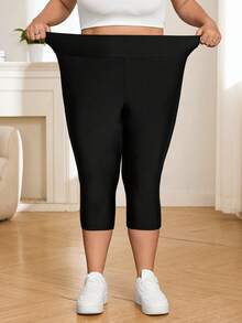 SHEIN CURVE+ Women's Super Soft Cropped Pants In Plus Size For Summer, Made Of Cool Fabric Cropped Pants Gym Brown - Black - View 3
