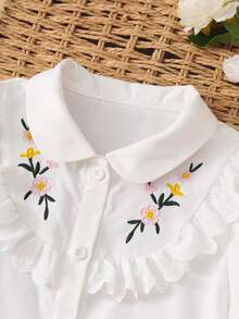 SHEIN Girls White Petal Sleeve Pearl Decor Detachable Bow Top Back To School Essential Fall Elegant Preppy - White - View 5