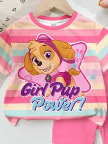 SHEIN | PAW Patrol 女童小女孩休閒經典可愛卡通動漫印花短袖上衣與修身短褲2件套，適合夏季返校穿著 - 彩色 - 查看 3