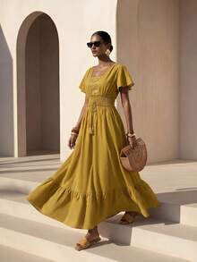 Zivah Summer Boho Vacation Mustard Yellow V-Neck Lace-Trimmed Multi-Layered Ruffled Halter Women Long Dress Suitable For Everyday Music Festivals Picnic - Mustard Yellow - View 7