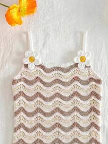SHEIN Tween Girl 3D Floral Decor Wavy Pattern Colorblock Casual Vacation Cover-Up Strap Dress - Coffee Brown - View 5