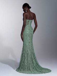 Elitara Elegant Romantic Lace Strapless Mesh Sheer Bodice With Boning, Exquisite Heavy Beading, Ruched Waist, Back Hip Gathering For Butt Lift Effect, Mermaid Style Extra Long Train, Suitable For Date, Red Carpet, Wedding Events And All Formal Occasions, Bridal Wedding Dress Gown - Green - View 2