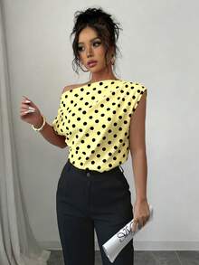 SHEIN Elenzya 波點不對稱肩無袖女款上衣，露肩優雅通勤襯衫 - 黃色 - 查看 6