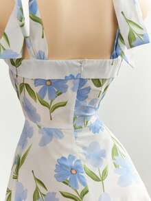 Elamini Full Floral Print Tie Waist A-Line Mini Dress - Multicolor - View 3