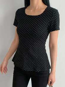 FRIFUL 女款夏季休閒 1960s 復古 70s 黑白波點印花後開衩綁帶 T-shirt 度假可愛上衣 - 黑色 - 查看 2