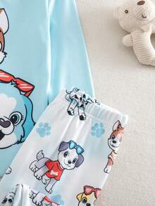 SHEIN Young Boy Cartoon Print Crew Neck Long Sleeve Top And Elastic Waist Long Pants Loungewear Set - Baby Blue - View 5