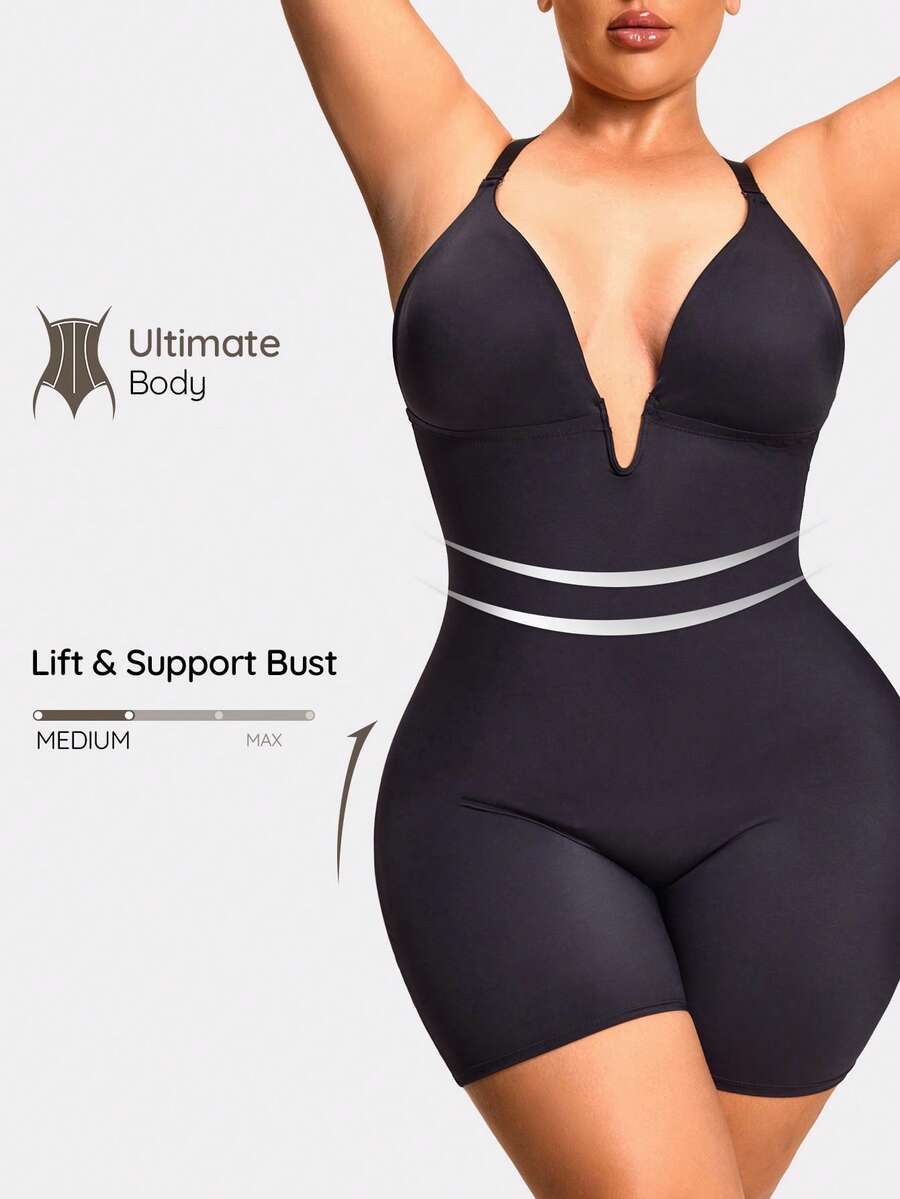SHAPORA Body talla grande de un solo elemento con escote en V elástico y espalda cruzada, de unicolor para verano - Negro - Ver 1