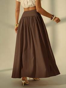 SHEIN Tall Women's Pleated Solid Color Long Skirt, Tall Women - Brown - View 2