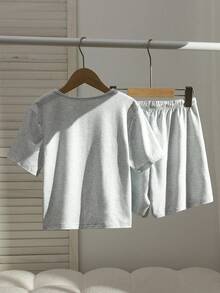 Girls' Summer Pink Short Sleeve T-Shirt & Shorts 2-Piece Set, New Cropped Tee + Elastic Waist Shorts Outfit, Casual Sporty Versatile Knit Fabric Set For Big Kids & Students, Suitable For Daily Wear, Outings, Sports, And Home - Light Grey - View 2