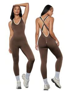 Voyena 1 Stück feuchtigkeitsableitende Basic Frauen Große Größen Sport Kontrast Saum Tiefer V-Ausschnitt Jumpsuit / A-2015 nahtloser Jumpsuit Hose, geeignet für Fitness/Yoga (Braun) - Braun - Übersicht 8