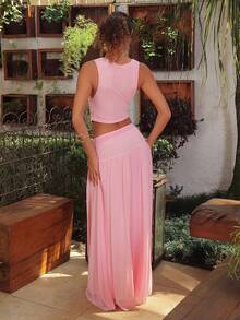 juhmazzocco Women's Elegant V-Neck Camisole And High Waist Mesh Skirt 2-Piece Set, Spring/Summer Pink - Pink - View 2