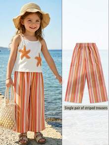 Sparklyn Pantalones largos a rayas sencillos y versátiles para niña joven, adecuados para primavera y verano, para salidas, hogar y reuniones - Multicolor - Ver 4