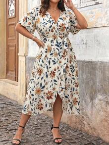 Ceyna Plus Allover Print Belted Wrap Dress, For Christmas Maxi Women Outfit Beach Vacation White Summer Boho - Apricot - View 4