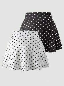 SHEIN 青少年女孩復古甜美學院風返校季黑白波點高腰A字迷你裙 - 黑與白 - 查看 2