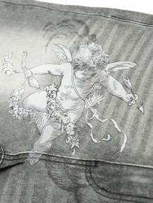 Manfinity EMRG 男士街頭風哥德式天使印花灰色水洗牛仔直筒寬腿長褲 - 灰色 - 查看 4