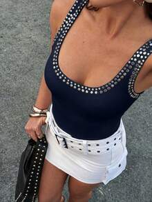 Avenya Women's Large U-Neck Stud Decor Vest - Navy Blue - View 3