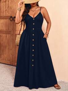 Breezaya Plus Size Women Solid Color Pleated Casual Party Dress With Spaghetti Straps - Navy Blue - View 4