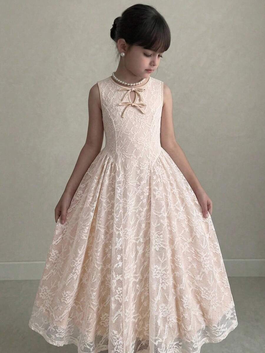 SHEIN Tween女孩休閒日常百搭舒適圓領無袖蝴蝶結裝飾洋裝 - 彩色 - 查看 1