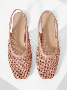 Mnmlis Women's New Fashion Woven Hollow Slip-On Flat Square Toe Loafers - Pink 1 - View 2