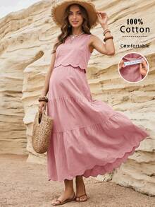Boho Mama Maternity Vacation Casual Solid Color Tank Top & Skirt 2 Pieces Set - Dusty Pink - View 2