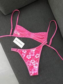 Swim Mod 女款夏季海灘極簡優雅浪漫休閒度假性感甜美可愛時尚泳衣套裝，百搭百搭粉色花卉印花、粉色條紋印花、雙面可翻轉印花，多種穿搭選擇，平口微比基尼，適合海灘、度假村、水療、蜜月及休閒度假場合 - 粉色 - 查看 7