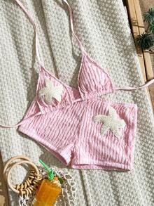 Swim SXY 春夏新款多色鵝黃色紋理面料海洋海星飾飾邊直筒褲掛脖綁帶女款兩件式泳衣套裝 - 粉色 - 查看 2